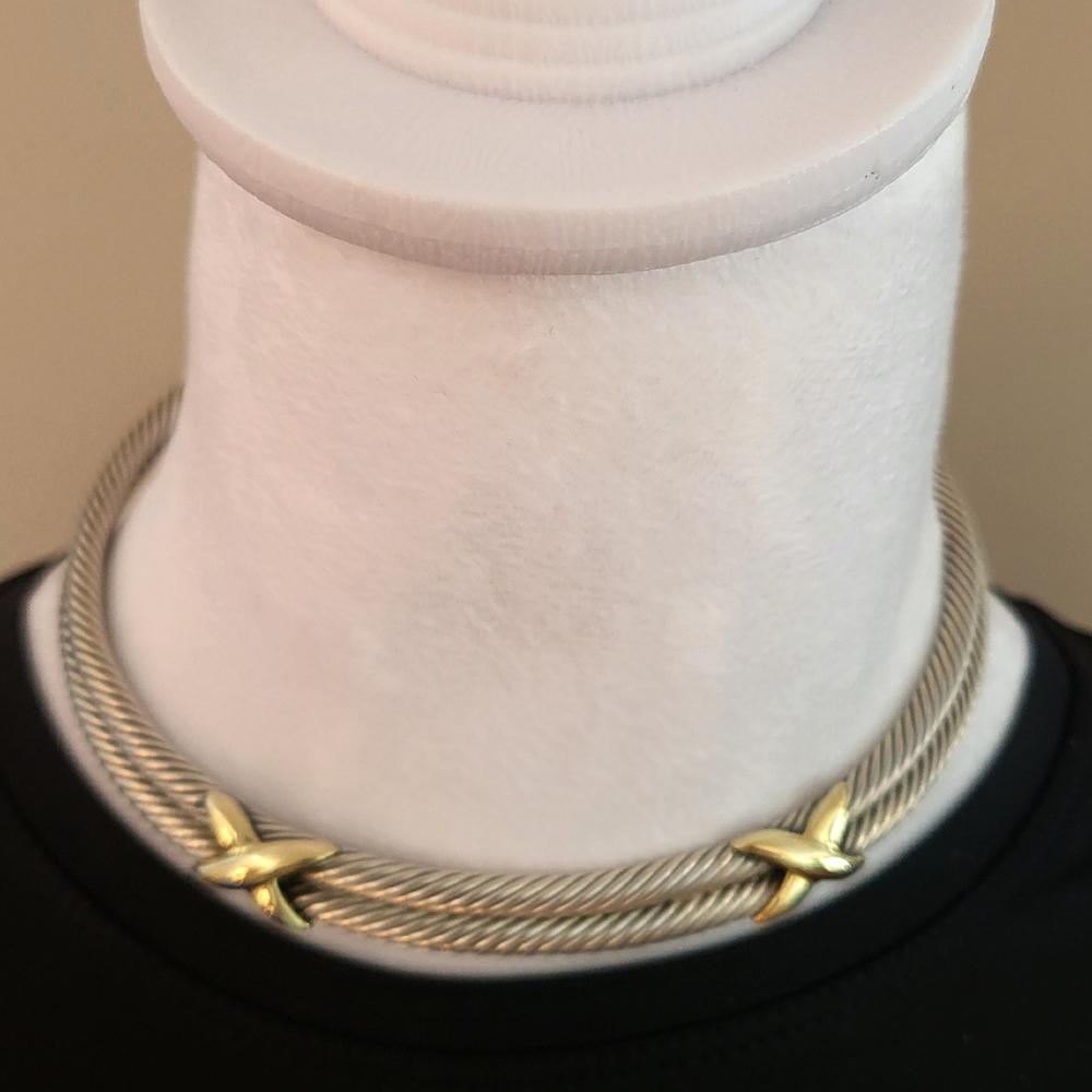 David Yurman Sterling Silver and 14K Gold Double X Cable Choker Collar Necklace